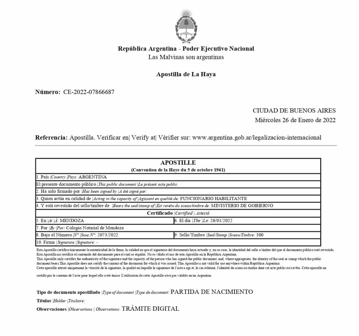 Apostilla de La Haya emitida en Argentina